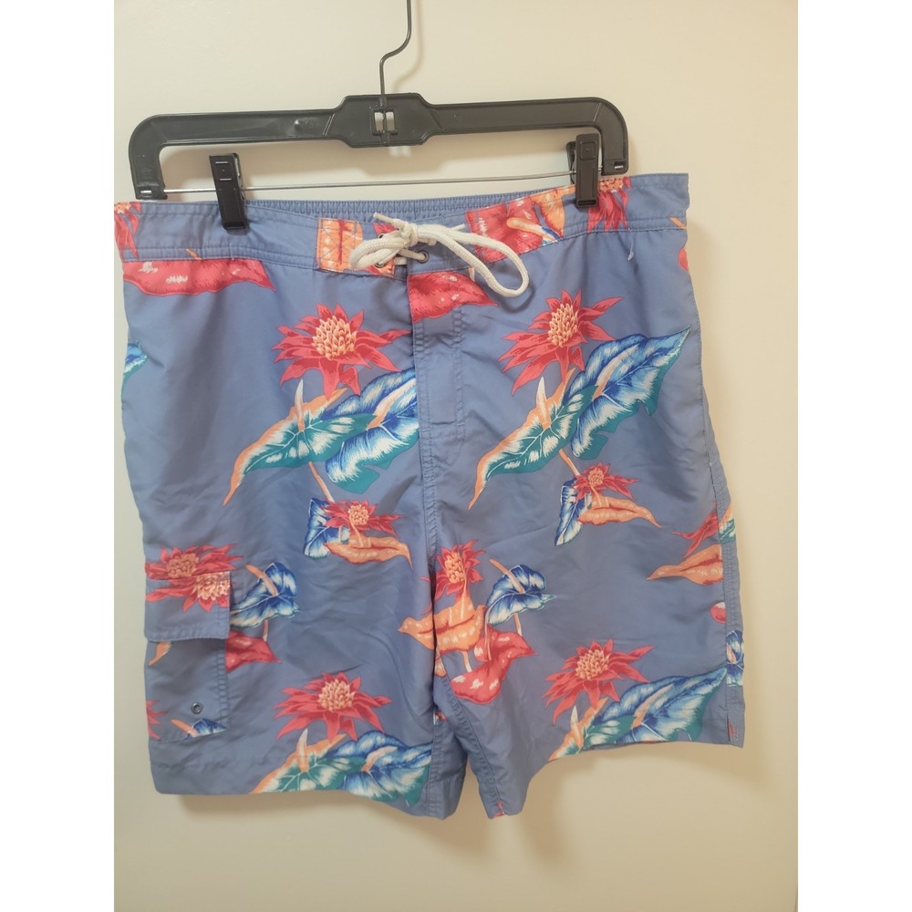 Chaps Men's M Blue Tropical Floral Swim Trunks Drawstring Elastic Waist Pockets